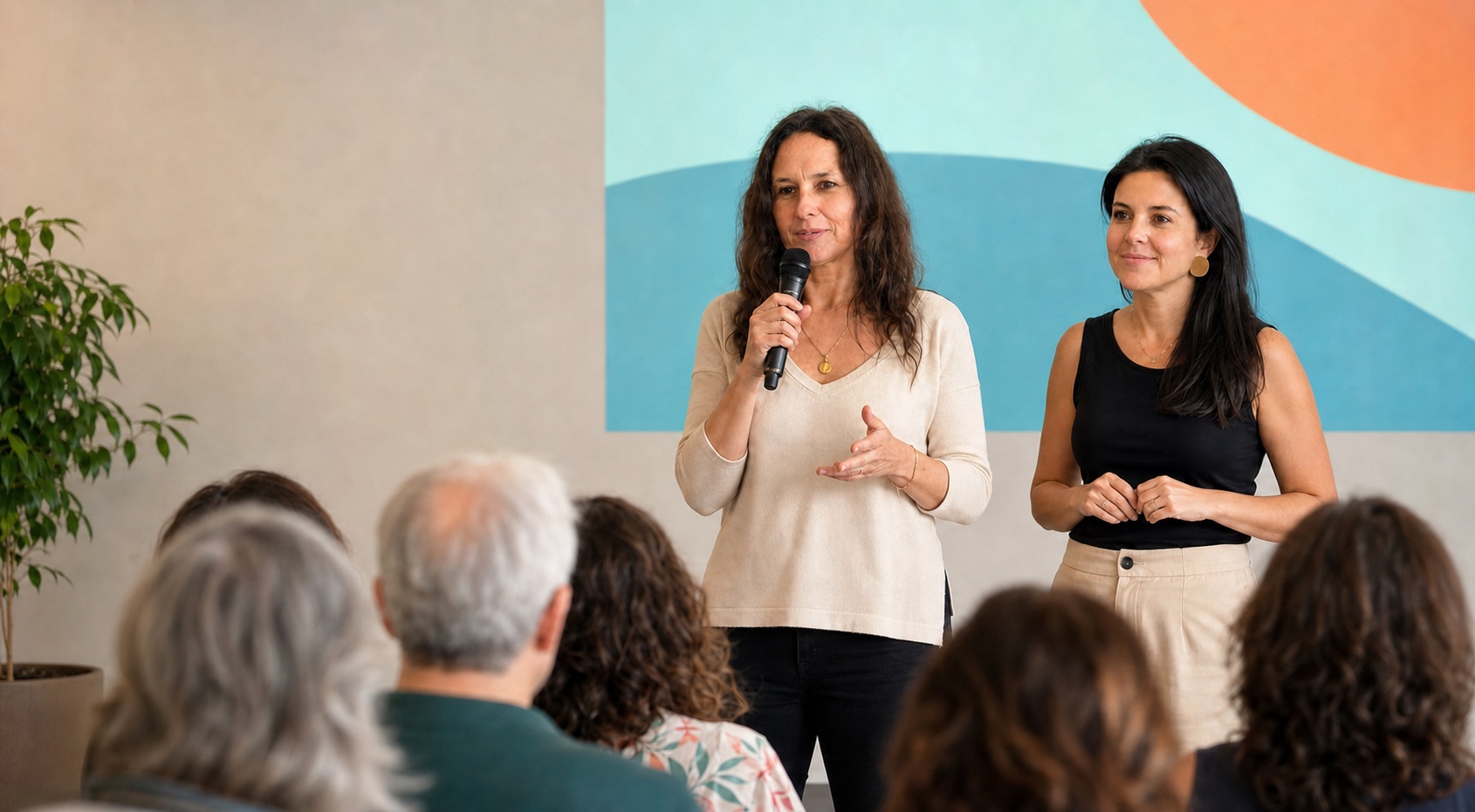 Pía y Angelita dando una charla frente a un público